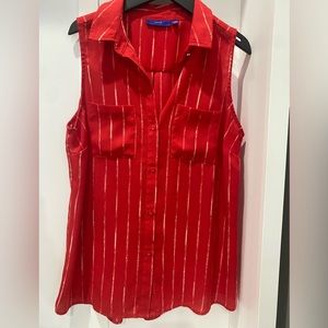 Red and White Stripe Sleeveless Button Down Polo Blouse